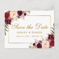 Burgundy Watercolor Floral Gold Save the Date