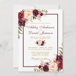 Burgundy Watercolor Floral Gold Wedding Invite BF