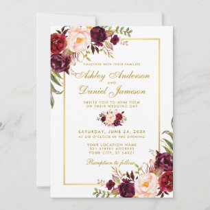 Burgundy Watercolor Floral Gold Wedding Invite G
