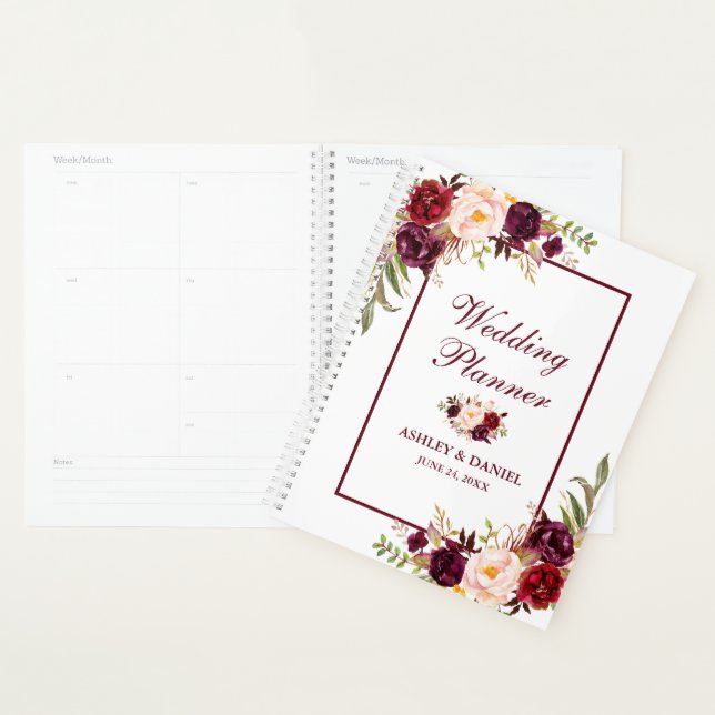 Burgundy Watercolor Floral Gold Wedding Planner (Display)