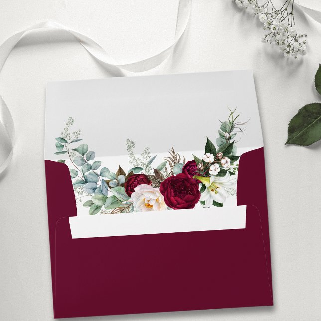 Burgundy Watercolor Floral Greenery Wedding Envelope (Customize to add your return address to front or back of envelope.)