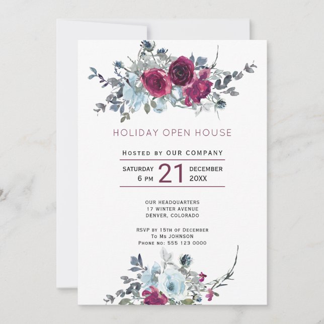 Burgundy watercolor floral  Holiday Open House Invitation (Front)