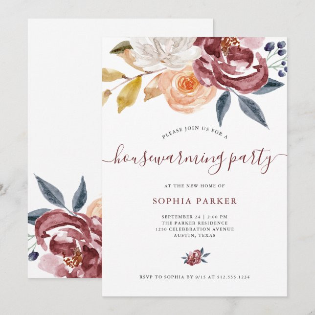 Burgundy Watercolor Floral | Housewarming Party Invitation (Front/Back)