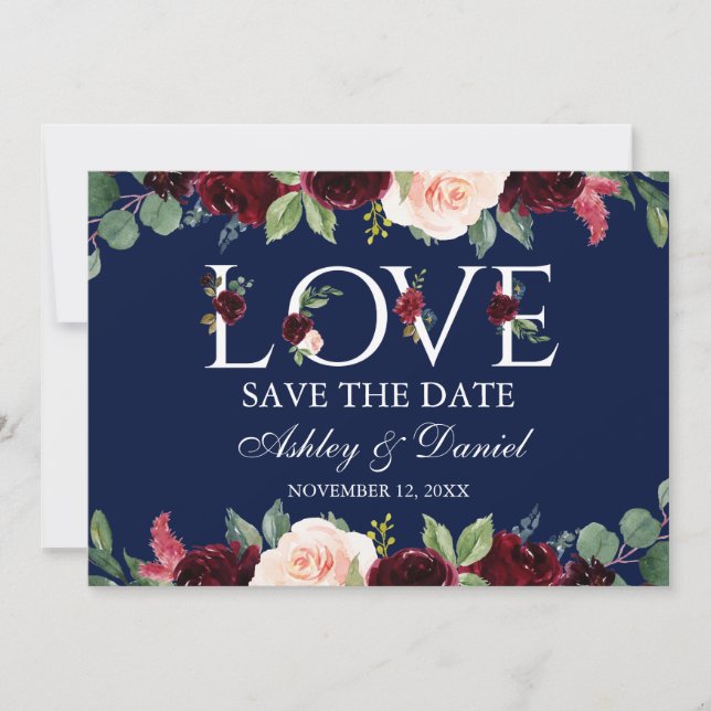 Burgundy Watercolor Floral Love Blue Save The Date (Front)
