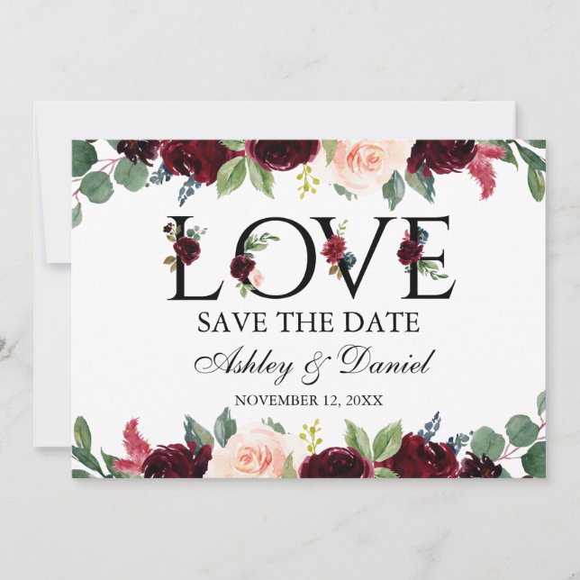 Burgundy Watercolor Floral Love Save The Date (Front)