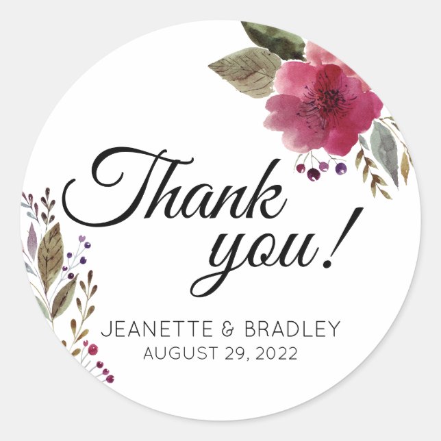 Burgundy Watercolor Floral Modern Wedding Classic Round Sticker (Front)