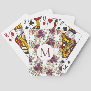 Burgundy Watercolor Floral Monogram Initial Playing Cards