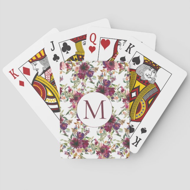 Burgundy Watercolor Floral Monogram Initial Playing Cards (Back)
