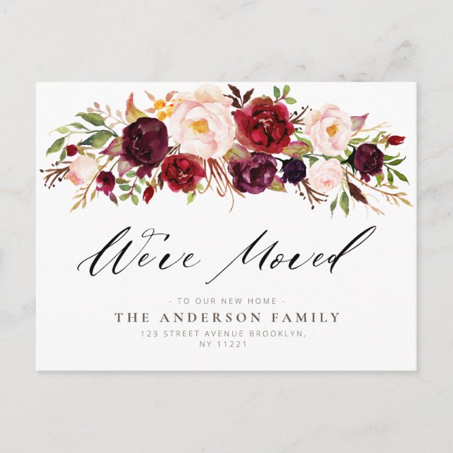 burgundy watercolor floral moving Postcard (Front)