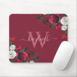 Burgundy Watercolor Floral Name Monogrammed Mouse Mat<br><div class="desc">Burgundy watercolor botanical peony rose floral on bordo personalised monogrammed Mouse Pad. Burgundy, marsala, white watercolor peony roses, botanical floral design with dark green leaves and berries on burgundy, bordo, or wine red background. Feature an elegant swirly handwritten typography design with your name, monogram and pretty burgundy, white peony roses...</div>