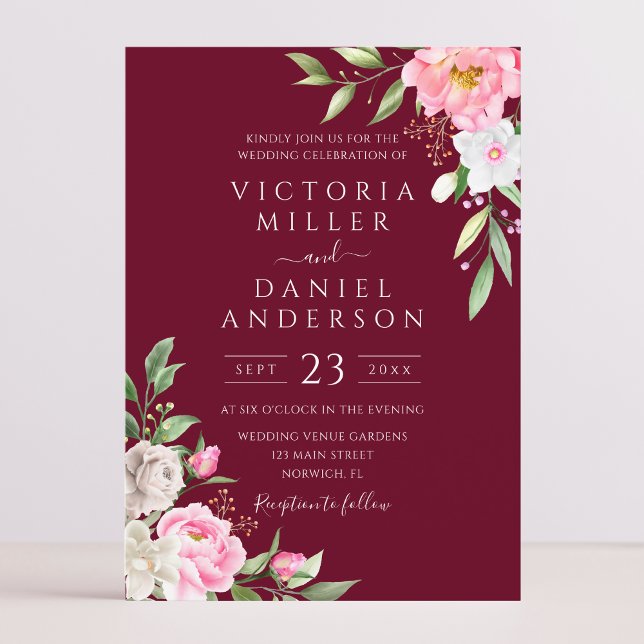 Burgundy Watercolor Floral Peonies Elegant Wedding Invitation (Creator Uploaded)