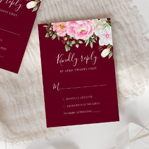 Burgundy Watercolor Floral Peonies Elegant Wedding RSVP Card