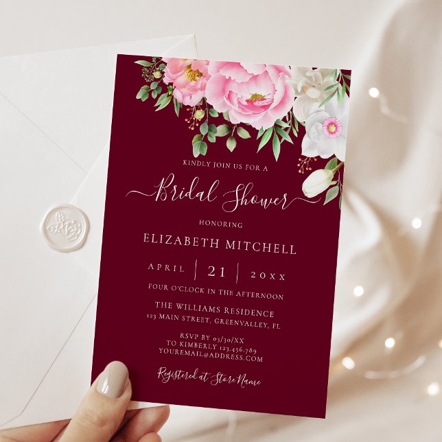 Burgundy Watercolor Floral Peony Bridal Shower Invitation (Creator Uploaded)