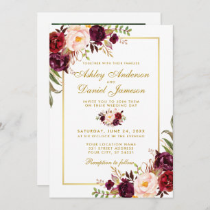 Burgundy Watercolor Floral Photo Gold Wedding Invitation