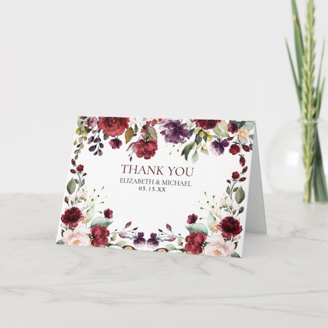 Burgundy Watercolor Floral Photo Thank You Wedding Card (Front)
