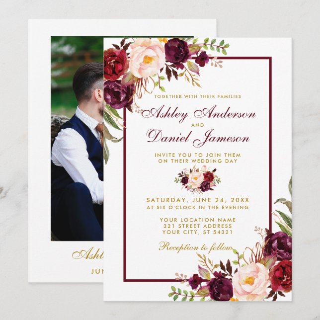 Burgundy Watercolor Floral Photo Wedding Gold B Invitation (Front/Back)