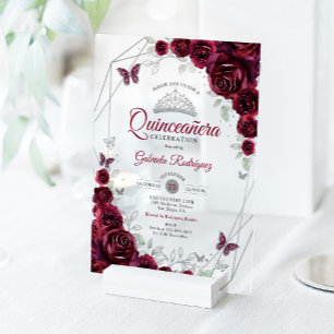 Burgundy Watercolor Floral Quinceanera Acrylic Invitations