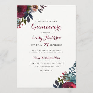 Burgundy Watercolor Floral Quinceanera Invitation