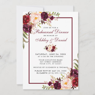 Burgundy Watercolor Floral Rehearsal Dinner W Invitation