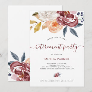 Burgundy Watercolor Floral   Retirement Party Invitation