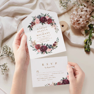 Burgundy watercolor floral rustic boho wedding al all in one invitation