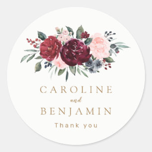 Burgundy watercolor floral rustic boho wedding classic round sticker