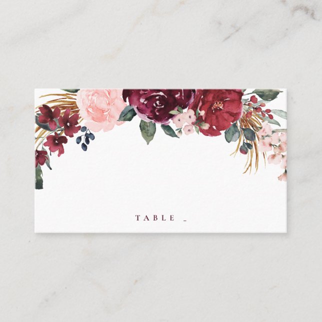 Burgundy watercolor floral rustic boho wedding place card (Front)
