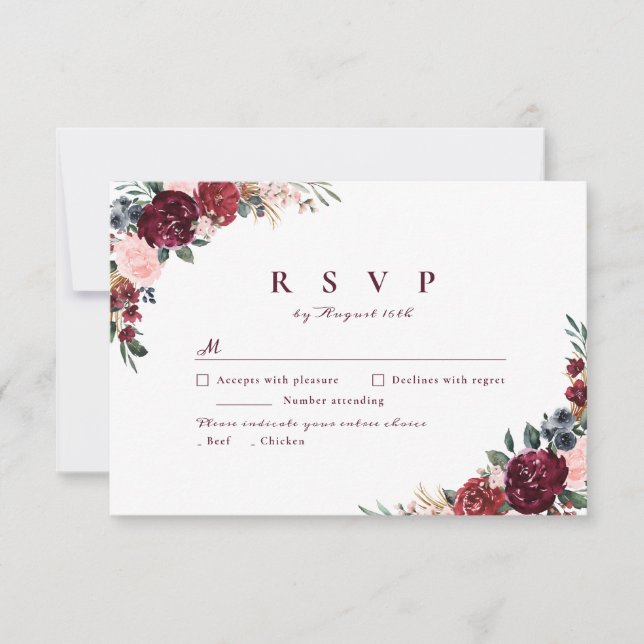 Burgundy watercolor floral rustic boho wedding RSVP card (Front)