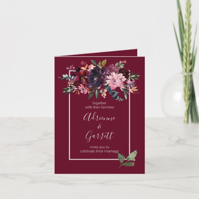 Burgundy Watercolor Floral Rustic Chic Wedding Invitation (Front)