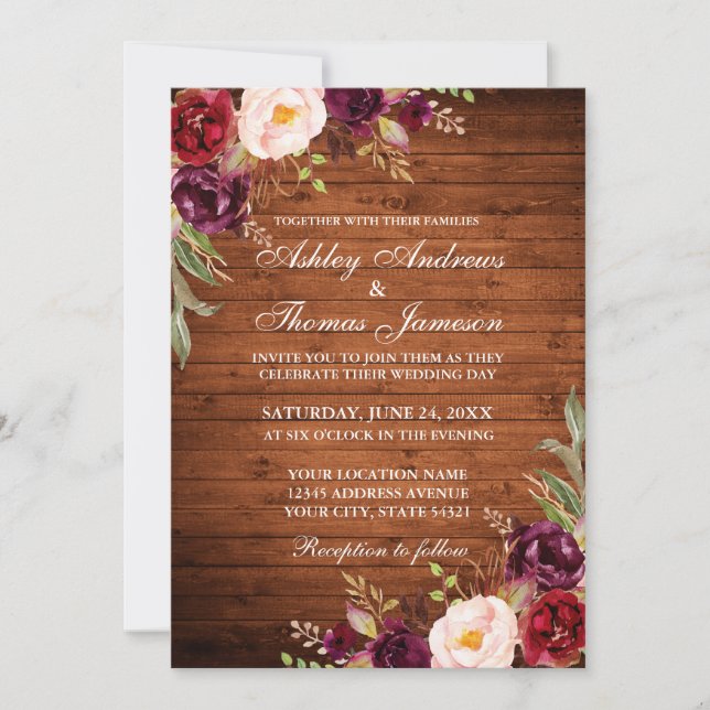 Burgundy Watercolor Floral Rustic Wood Wedding Invitation (Front)