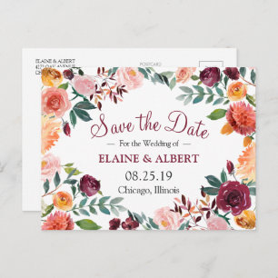 Burgundy Watercolor Floral Save The Date Postcard