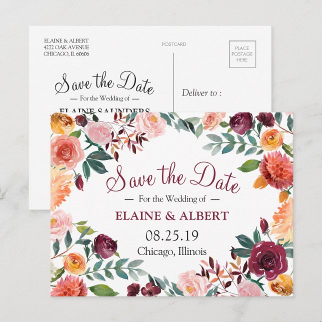 Burgundy Watercolor Floral Save The Date Postcard (Front/Back)