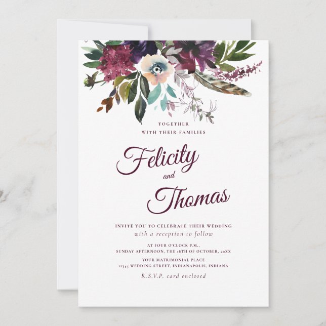 Burgundy Watercolor Floral Spray White Wedding Invitation (Front)