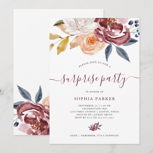 Burgundy Watercolor Floral | Surprise Party Invitation (Front/Back)