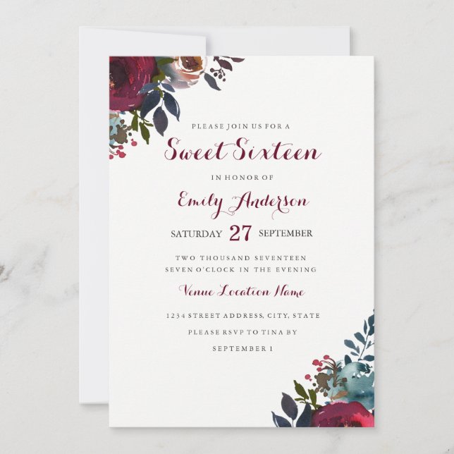 Burgundy Watercolor Floral Sweet Sixteen Invite (Front)