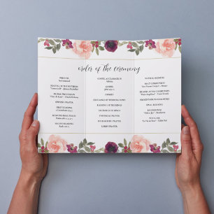 Burgundy Watercolor Floral Trifold Wedding Program Flyer