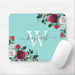 Burgundy Watercolor Floral Turquoise Monogrammed Mouse Mat<br><div class="desc">Burgundy watercolor botanical peony rose floral on turquoise personalised monogrammed Mouse Pad. Burgundy, marsala, white watercolor peony roses, botanical floral design with dark green leaves and berries on light blue, aqua, or turquoise background. Feature an elegant swirly handwritten typography design with your name, monogram and pretty burgundy, white peony roses...</div>