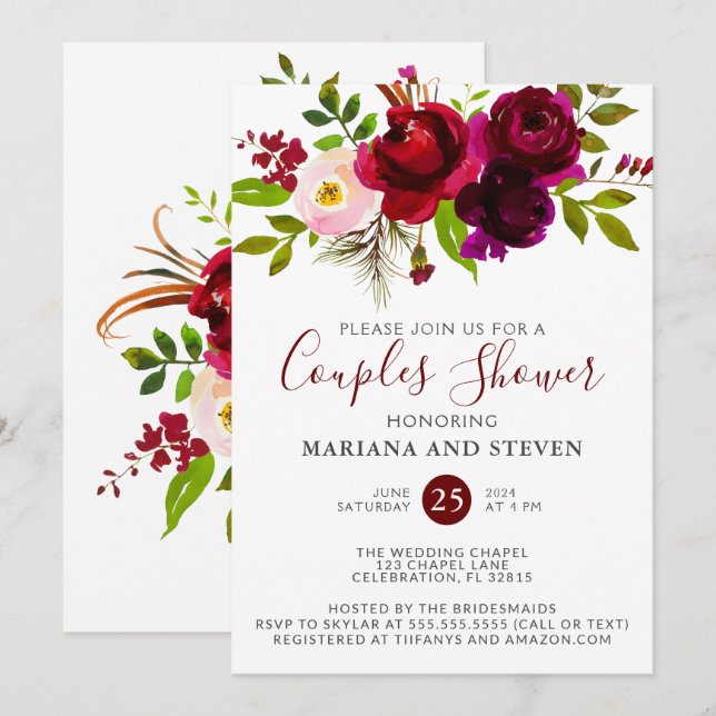 Burgundy Watercolor Floral Wedding Couples Shower  Invitation (Front/Back)