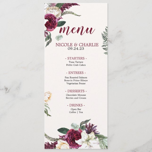 Burgundy Watercolor | Floral Wedding Dinner Menu (Front)