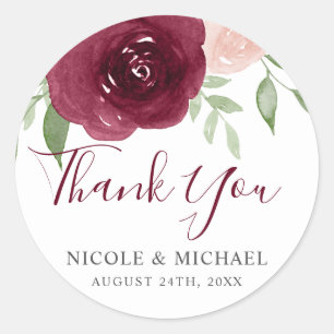 Burgundy Watercolor Floral Wedding Favour Thank Yo Classic Round Sticker