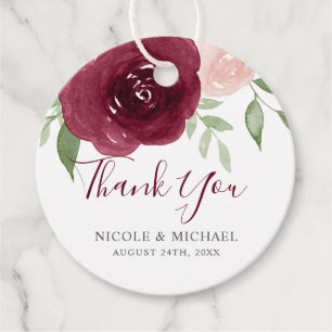 Burgundy Watercolor Floral Wedding Favour Thank Yo Tags