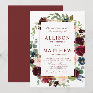 burgundy watercolor floral wedding invitation
