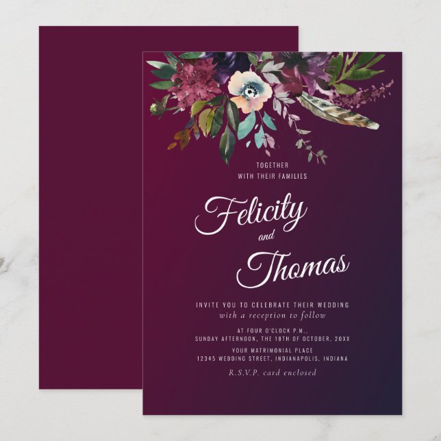 Burgundy Watercolor Floral Wedding Invitation (Front/Back)
