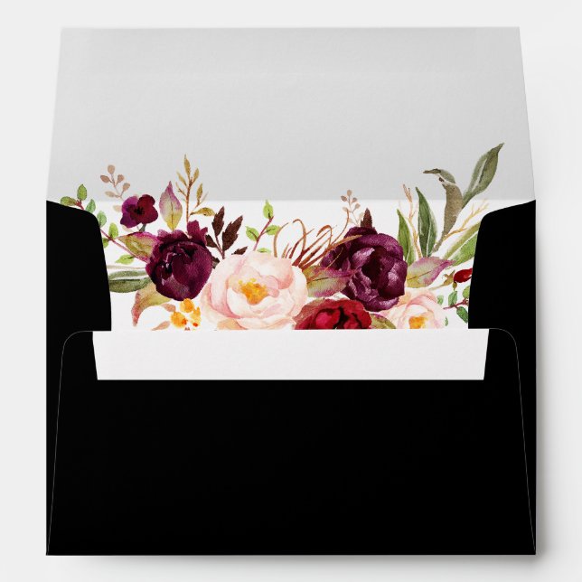 Burgundy Watercolor Floral Wedding Invitation Blk Envelope (Back (Bottom))