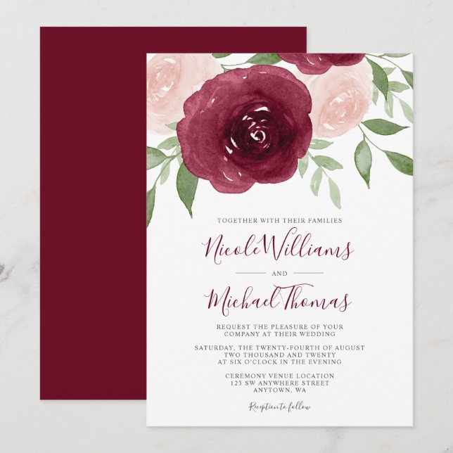 Burgundy Watercolor Floral Wedding Invitations (Front/Back)