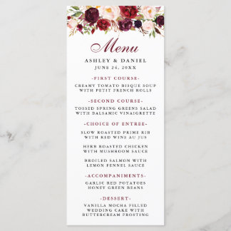 Burgundy Watercolor Floral Wedding Menu