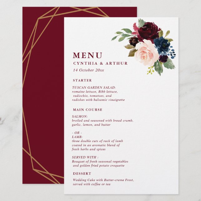 burgundy watercolor floral wedding menu (Front/Back)
