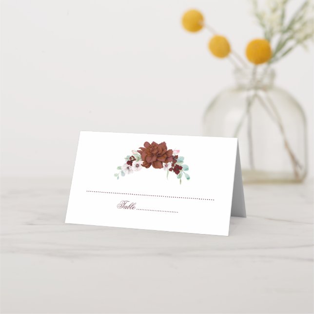 Burgundy Watercolor Floral Wedding Place Card (Front)