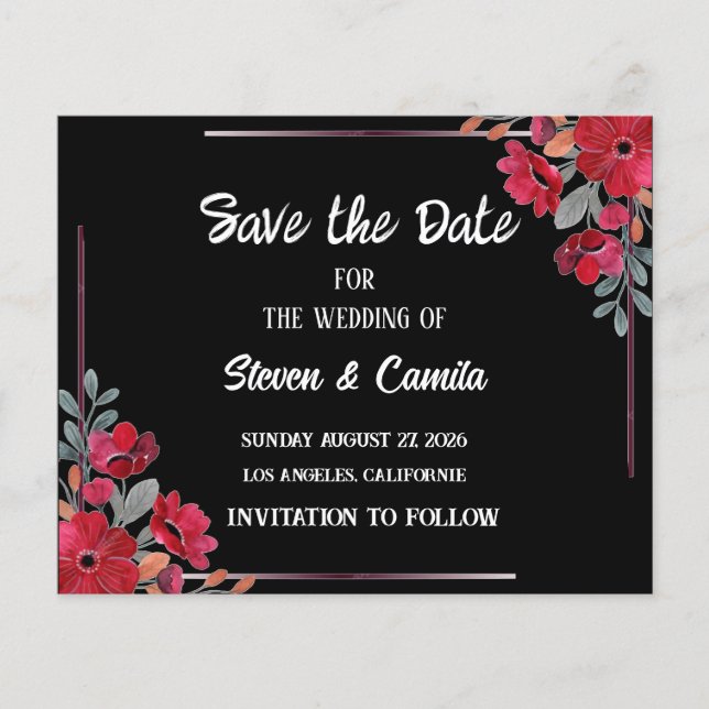 Burgundy watercolor floral wedding save the date  (Front)