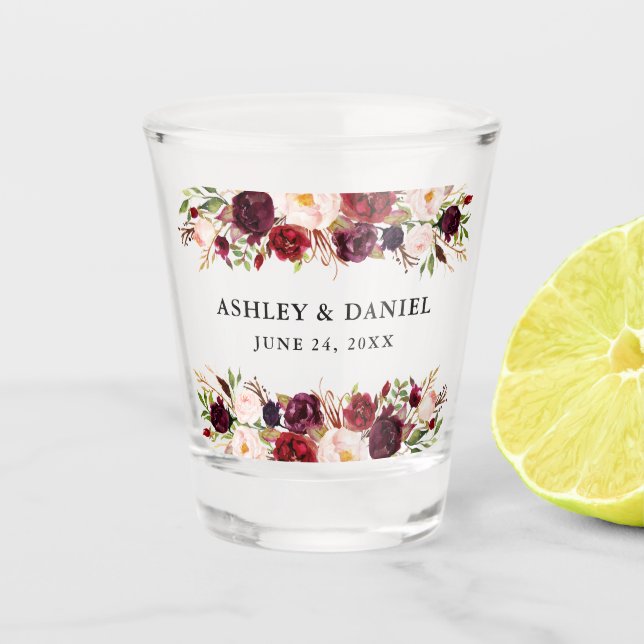 Burgundy Watercolor Floral Wedding Shot Glass (Front)